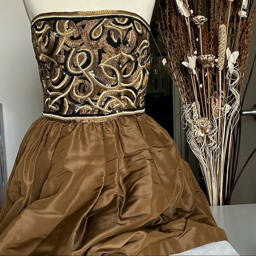 Amen Wardy Vintage Beaded Corset Dress | Gold & Bronze Couture Gown Size Small